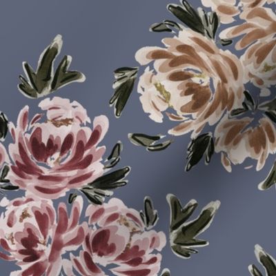 Medium - Traditional Painted Peonies  - Watercolour, Art Nouveau - Light Navy 