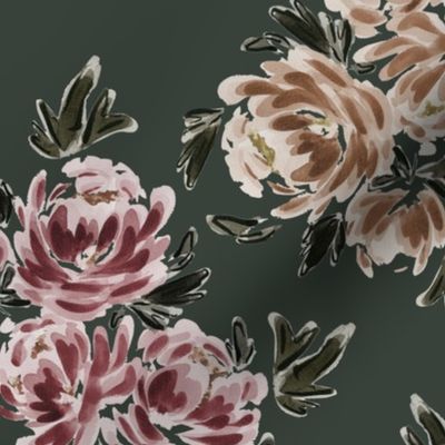  Medium -  Traditional Painted Peonies  - Watercolour, Art Nouveau - Forest Green, Cream, Rouge, Red, Blush 
