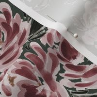  Medium -  Traditional Painted Peonies  - Watercolour, Art Nouveau - Forest Green, Cream, Rouge, Red, Blush 