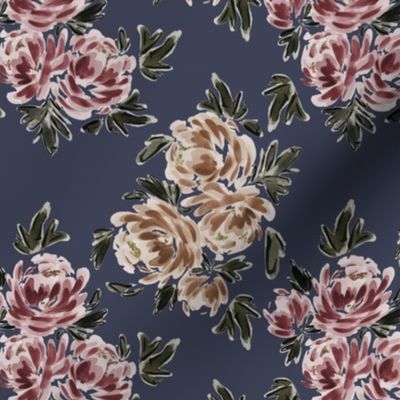  Small - Traditional Painted Peonies  - Watercolour, Art Nouveau - Light Navy 