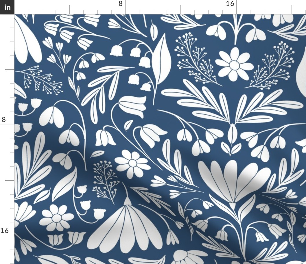 Whimsical and Vintage Floral Pattern featuring Bellflowers, Lily of the valley, Snowdrops, Leaves, Chrysanthemum White Flowers on Denim Blue background Versatile Non-Directional Pattern JUMBO SIZE