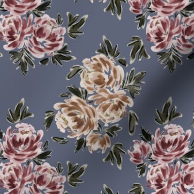 Small - Traditional Painted Peonies  - Watercolour, Art Nouveau - Light Navy 