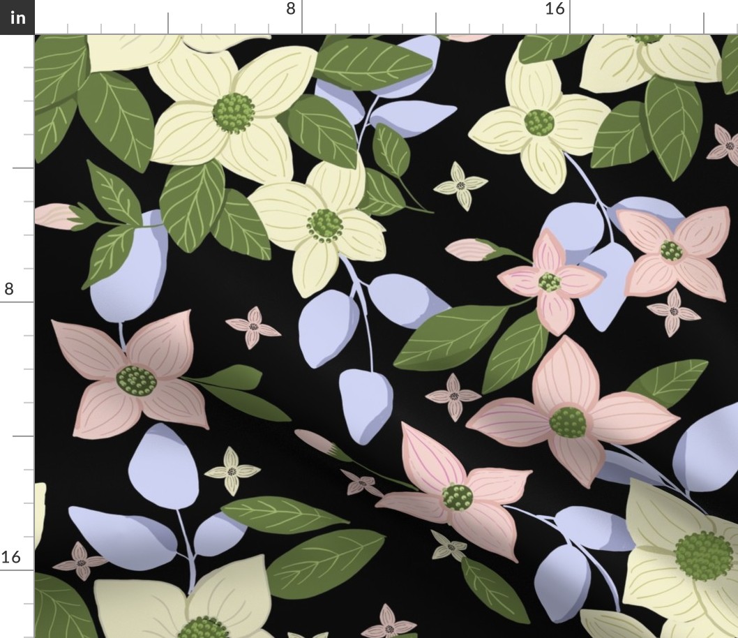 Cascading dogwood floral large scale pink and green