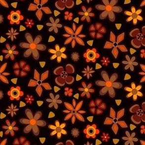 60s Flowers in Reds and Oranges on Black Background (Mini Micro) - Quilting