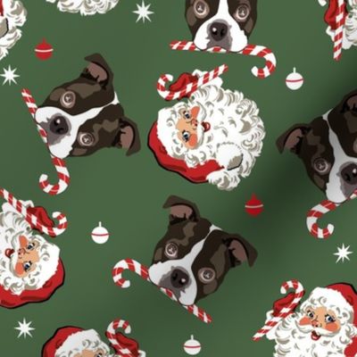Vintage Santa Claus and Boston Terrier Puppy Candy Cane green background