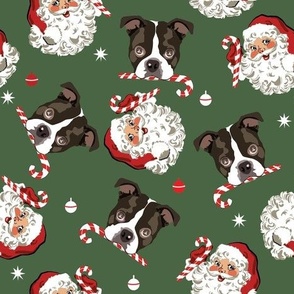 Vintage Santa Claus and Boston Terrier Puppy Candy Cane green background