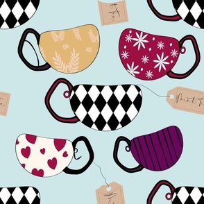 Tea Party | Cups & Tea Bags | Reds, Black, Blue | Medium Scale