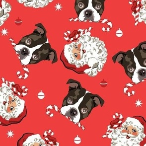 Vintage Santa Claus and Boston Terrier Puppy Candy Cane red background