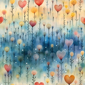 Bright Colorful Watercolor Hearts and Florals in Pastel Rainbow Colors