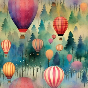 Bright Colorful Watercolor Hot Air Balloons in Beautiful Rainbow Colors