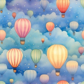 Bright Colorful Watercolor Hot Air Balloons in Pastel Rainbow Colors
