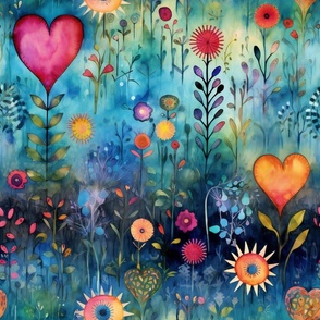 Bright Colorful Watercolor Hearts and Flowers in Rainbow Colors