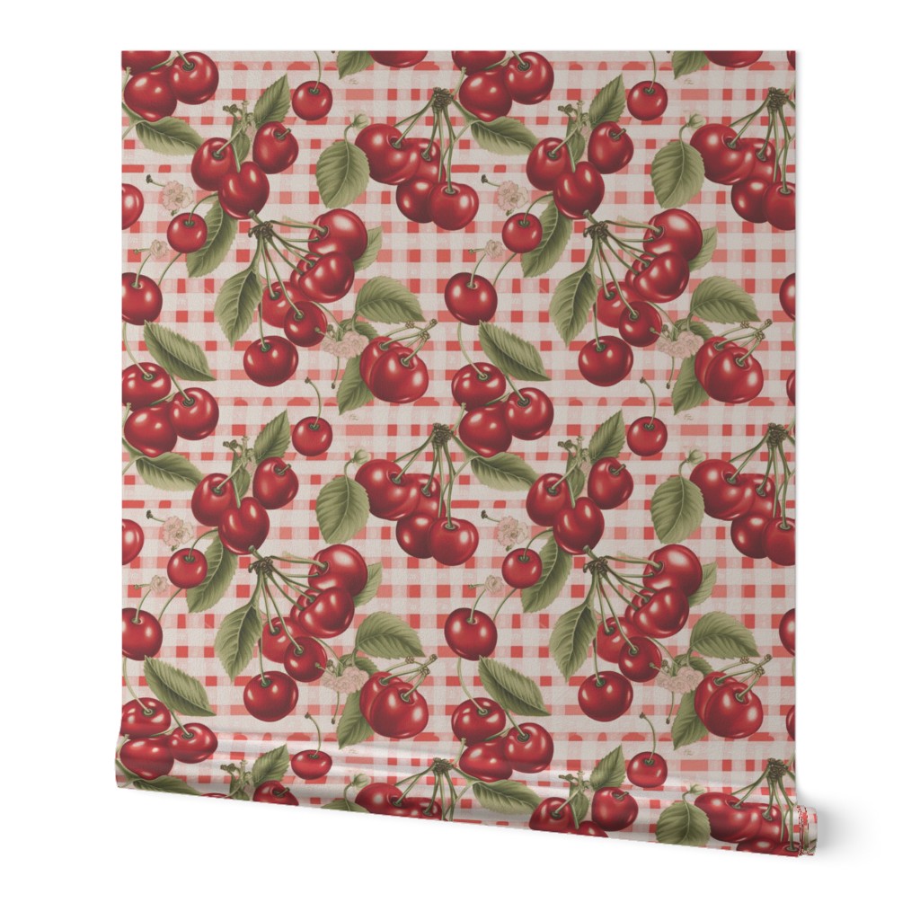 Vintage Cherries on diffuse Gingham checks | Red & White
