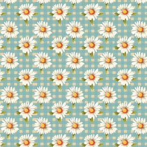 Vintage Shasta Daisy on Blue Aqua gingham