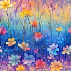 Bright Colorful Watercolor Happy Flowers in Rainbow Colors