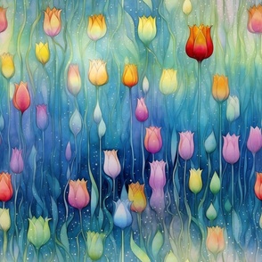 Bright Colorful Watercolor Flowers and Tulips in Rainbow Colors