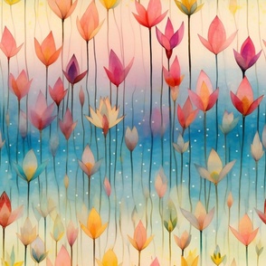 Bright Colorful Watercolor Flowers in Pastel Rainbow Colors