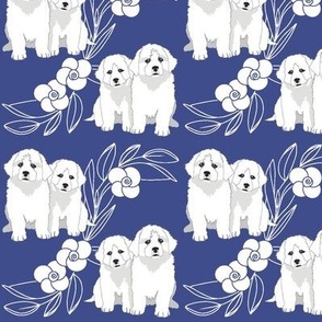 small print // Great Pyrenees Puppies Blue and white flowers 