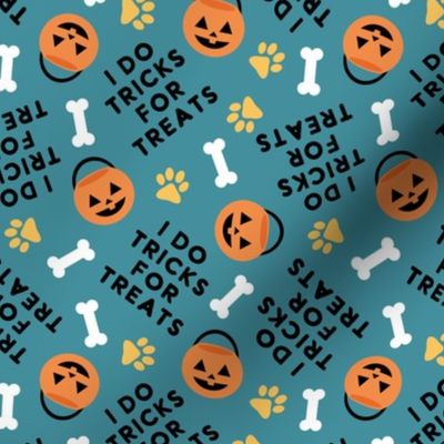 I do tricks for treats - Dog Halloween Pumpkin Buckets Bones Paw Prints - dark blue - LAD23