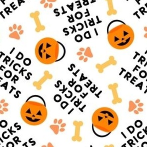 I do tricks for treats - Dog Halloween Pumpkin Buckets Bones Paw Prints - white - LAD23