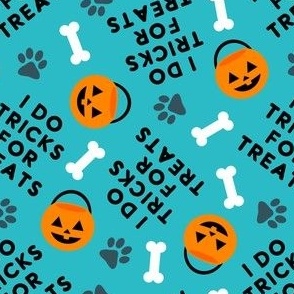 I do tricks for treats - Dog Halloween Pumpkin Buckets Bones Paw Prints - blue - LAD23