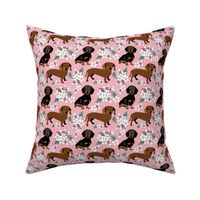 Small scale // Dachshund dogs white flowers Pink background black and brown dachshunds