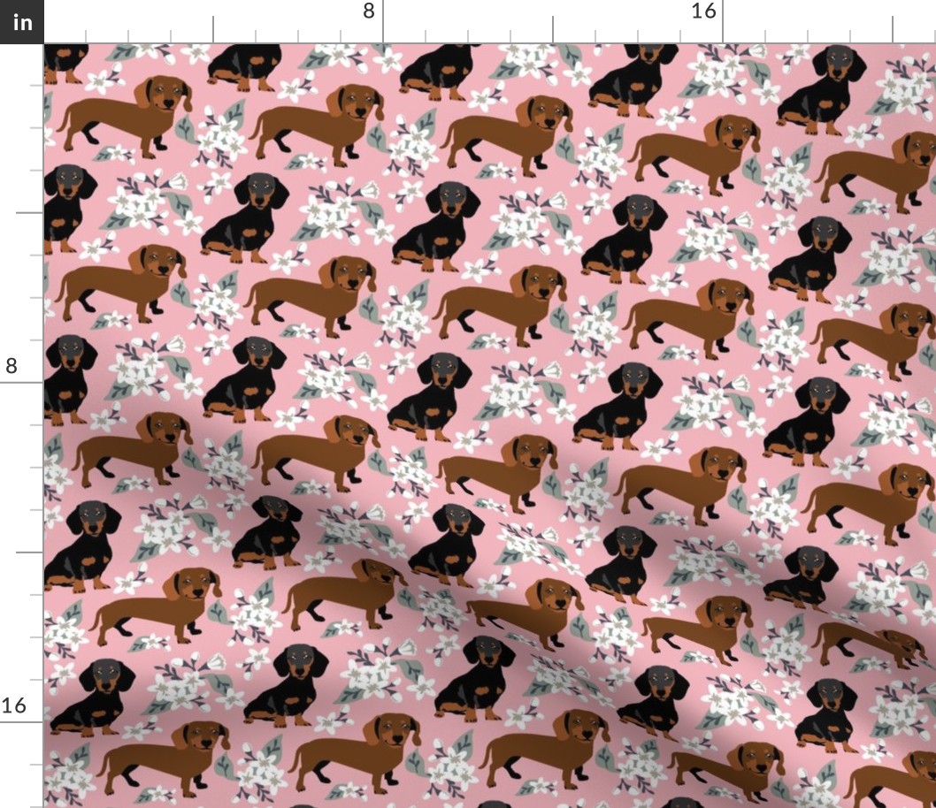 Small scale // Dachshund dogs white flowers Pink background black and brown dachshunds