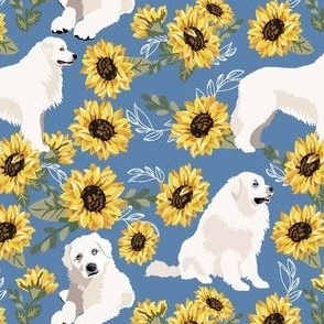 small print // Great Pyrenees dogs and yellow Sunflowers on a denim blue background dog floral