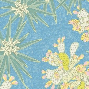 Medium Yucca and Prickly Pear Cactus on Blue for Wallpaper