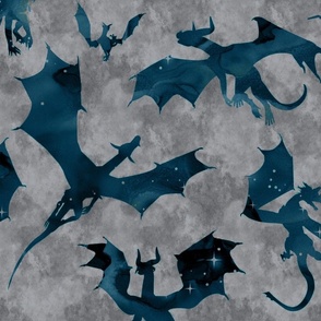 Big Dragons - ocean blue on grey