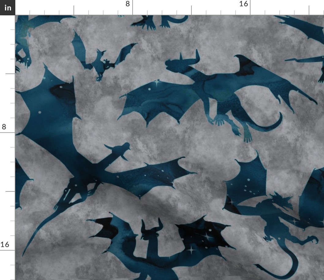 Big Dragons - ocean blue on grey