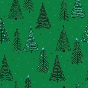 Black Winter Christmas trees on Green with stars snowflakes and decorations - LARGE SCALE