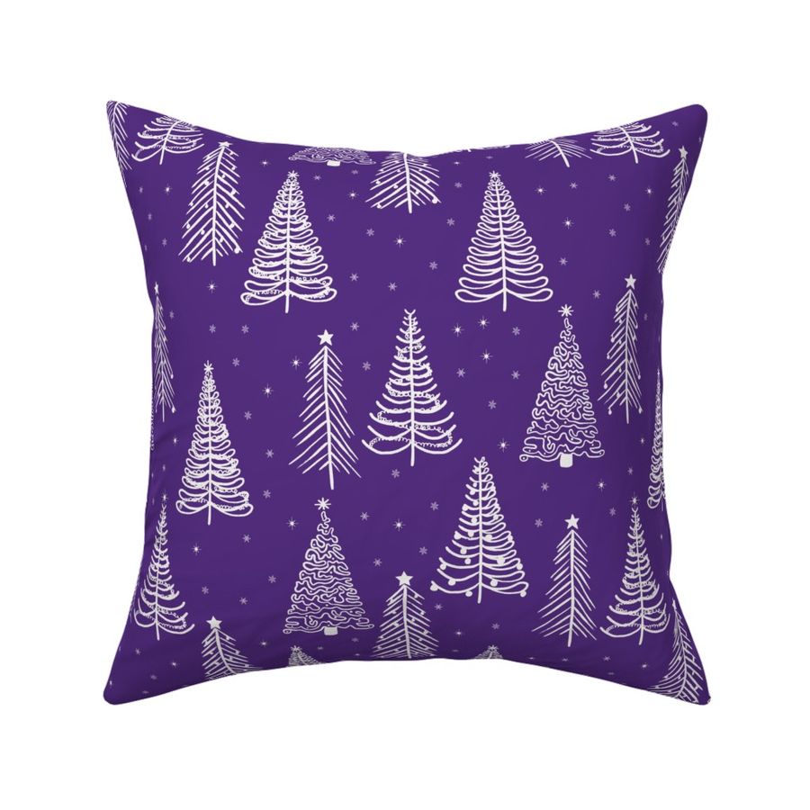 Medium - White Winter Christmas trees on Violet Purple - stars snowflakes