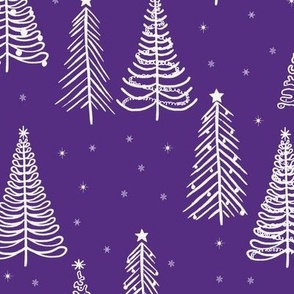 White Winter Christmas trees on Purple with stars snowflakes and decorations - LARGE SCALE