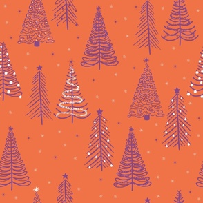 Purple Winter Christmas trees on Orange with stars snowflakes and decorations - LARGE SCALE