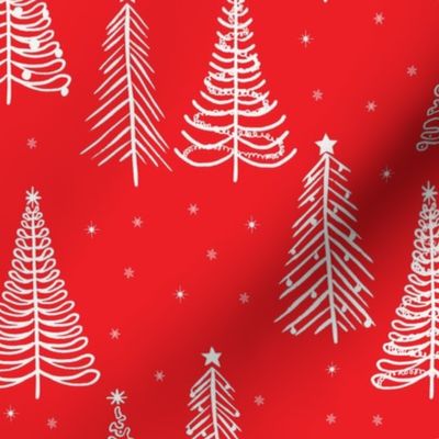 White Winter Christmas trees on Crimson Red with stars snowflakes and decorations  - LARGE SCALE
