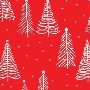 White Winter Christmas trees on Crimson Red with stars snowflakes and decorations  - LARGE SCALE