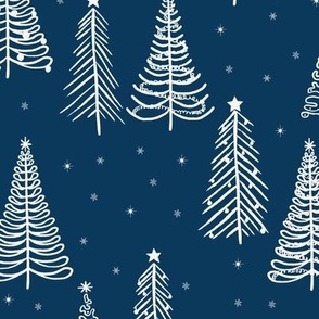 White Winter Christmas trees on Navy with stars snowflakes and decorations - LARGE SCALE