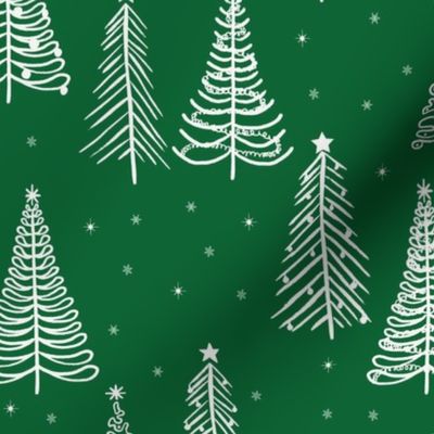 White Winter Christmas trees on Emerald Green with stars snowflakes and decorations  - LARGE SCALE