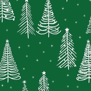 White Winter Christmas trees on Emerald Green with stars snowflakes and decorations  - LARGE SCALE