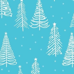 White Winter Christmas trees on Blue with stars snowflakes and decorations - LARGE SCALE