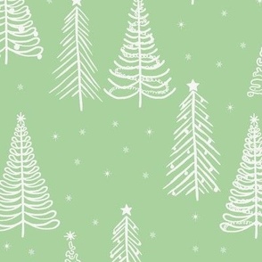 White Winter Christmas trees on Green with stars snowflakes and decorations - LARGE SCALE