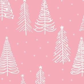 Large - White Winter Christmas trees on Pink with stars snowflakes and decorations 
