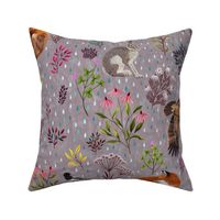 Summer rain, Foxes, hare, hawk and Magpie together with flowers and foliage. A design for late summer