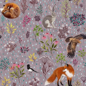 Summer rain, Foxes, hare, hawk and Magpie together with flowers and foliage. A design for late summer