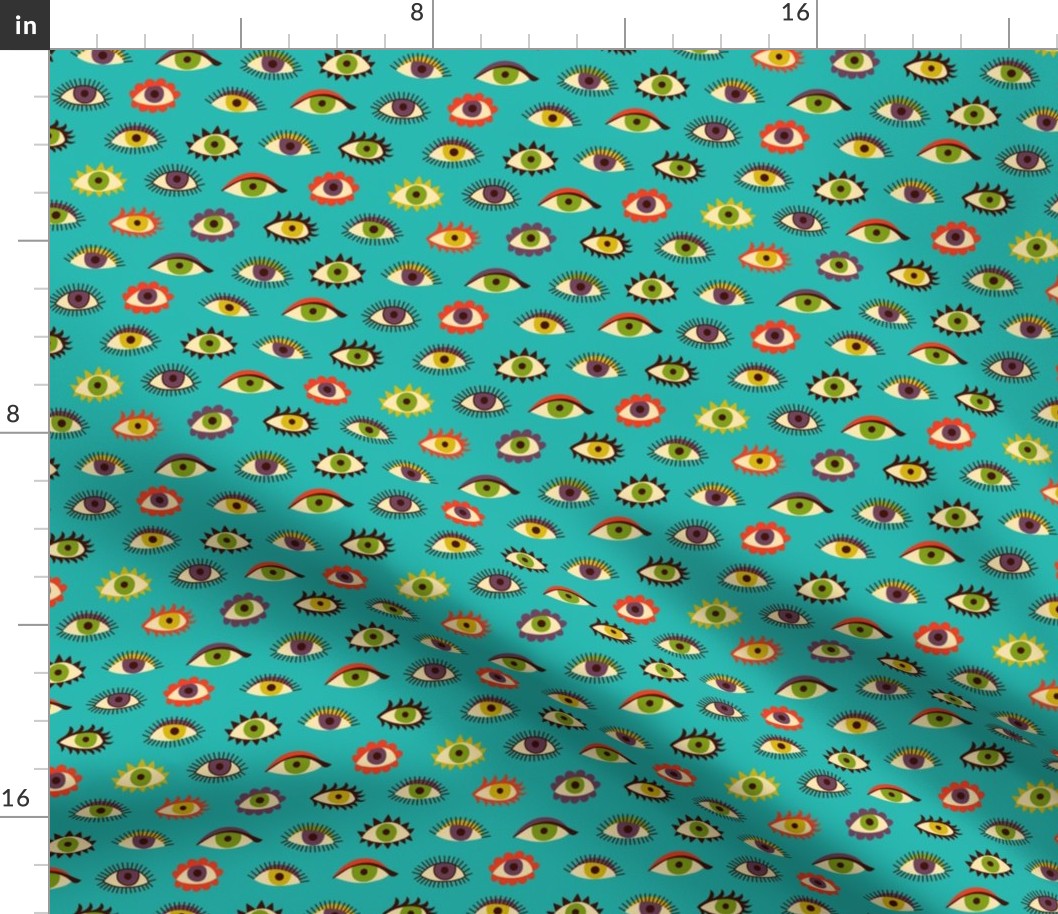 The eyes have it - turquoise - fun retro pattern by Cecca Designs - small scale