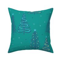 Blue Winter Christmas trees on Aqua with stars snowflakes and decorations - LARGE SCALE