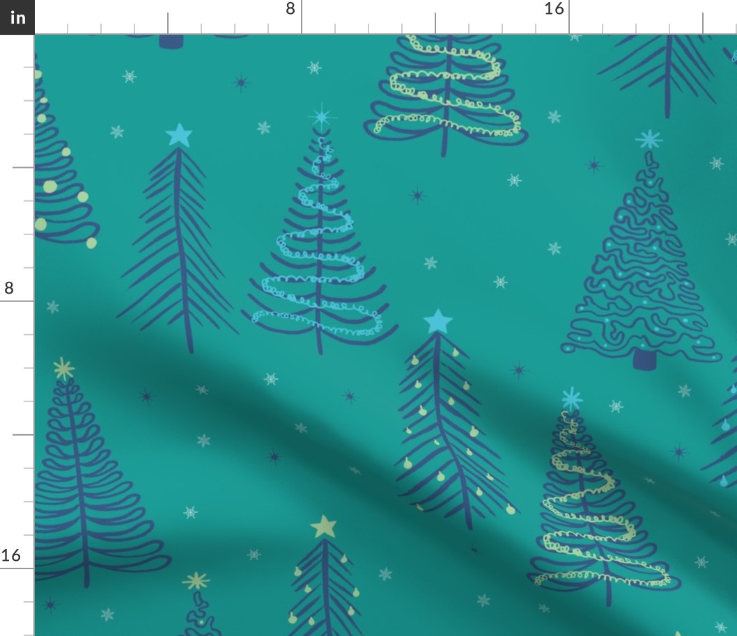 Blue Winter Christmas trees on Aqua with stars snowflakes and decorations - LARGE SCALE