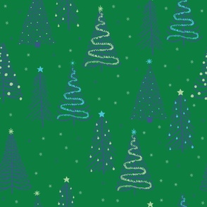 Blue Winter Christmas trees on Green with stars snowflakes and decorations - LARGE SCALE