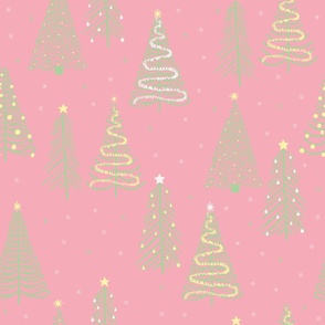 Large - Green Winter Christmas trees on Pink with stars snowflakes and decorations